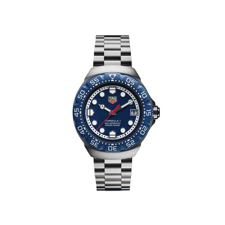 TAG Heuer Formula 1 Solargraph in sand-blasted steel with blue TH-Polylight bezel, blue opalin dial and red seconds hand on matching bracelet