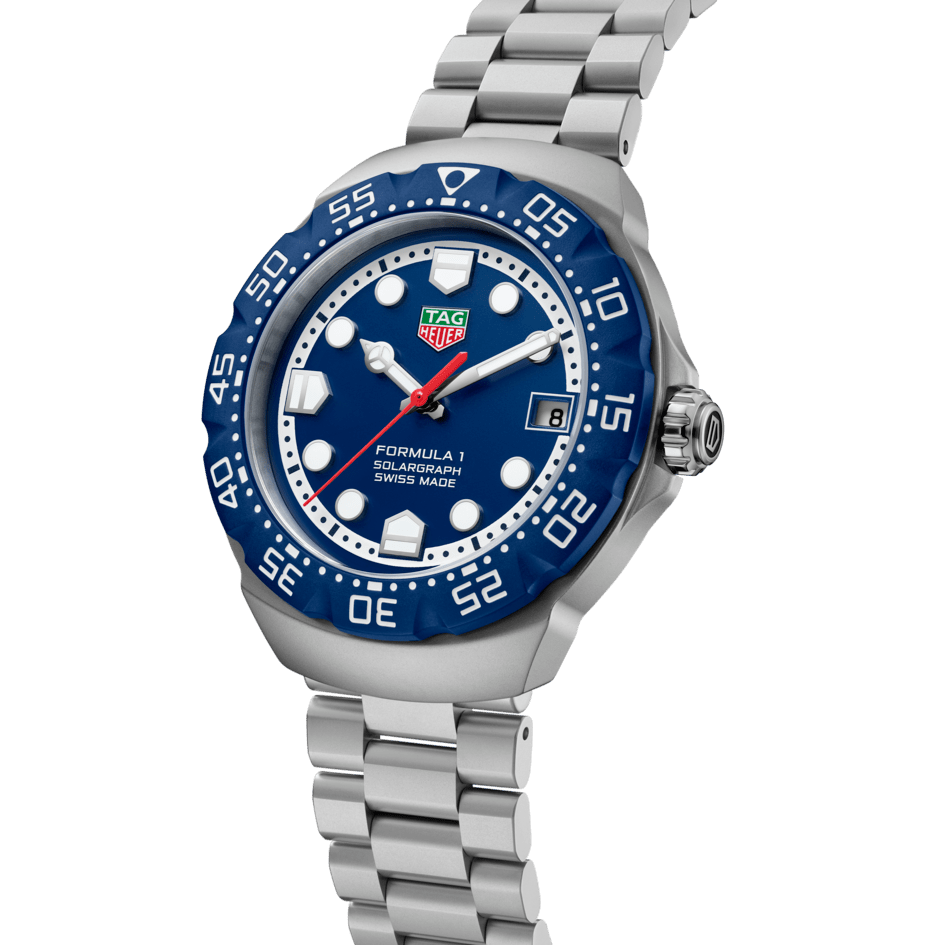 TAG Heuer Formula 1 Solargraph 38mm solar quartz watch in sand-blasted steel with blue dial and bracelet, white background