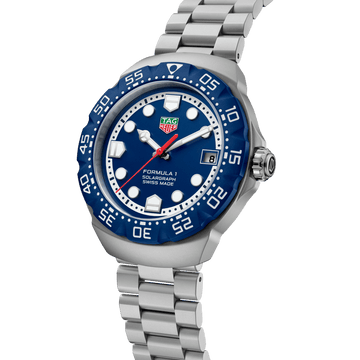 TAG Heuer Formula 1 Solargraph 38mm solar quartz watch in sand-blasted steel with blue dial and bracelet, white background