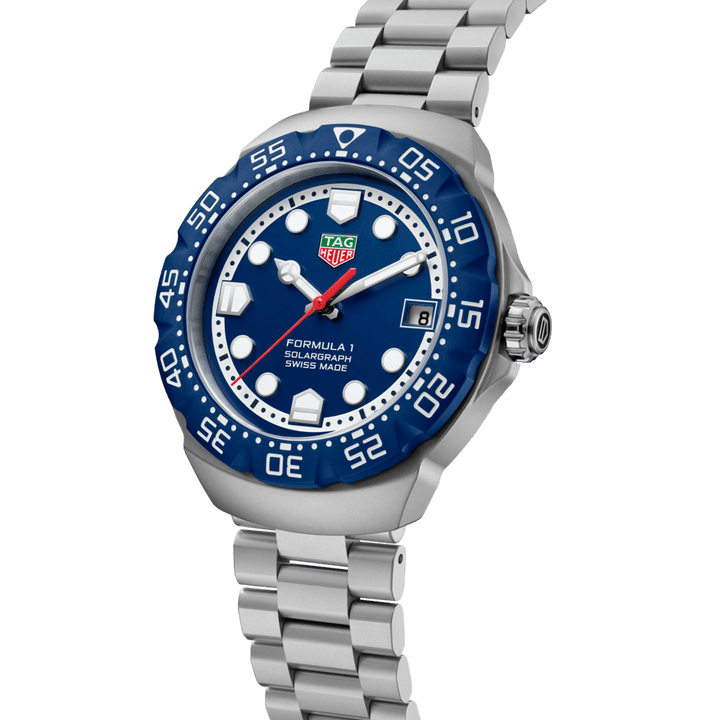 TAG Heuer Formula 1 Solargraph 38mm solar quartz watch in sand-blasted steel with blue dial and bracelet, white background