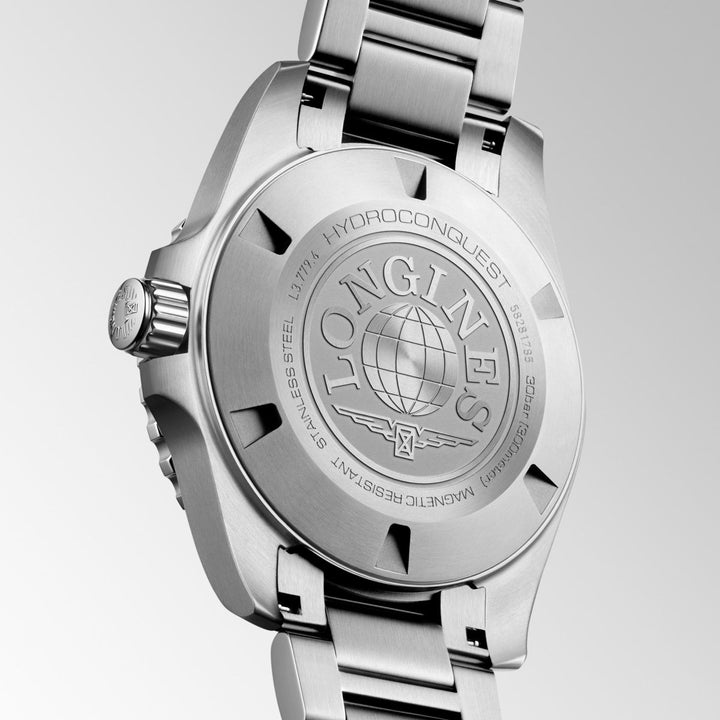 Luxury Longines HydroConquest sports watch with deep green dial and matching bezel on stainless steel bracelet