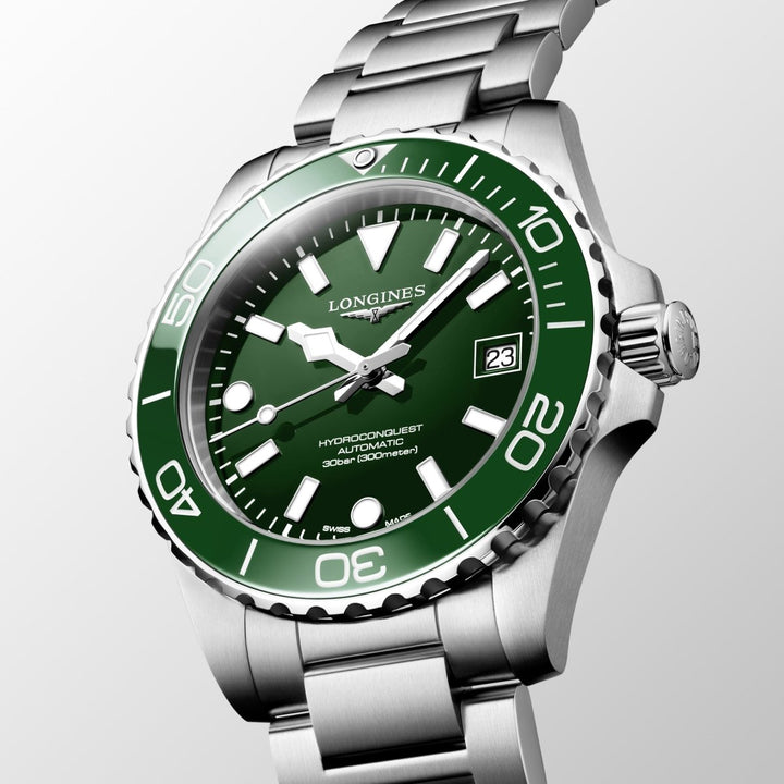 Longines HydroConquest 39mm dive watch with calibre L888.5 automatic movement, green ceramic bezel and 300m water resistance