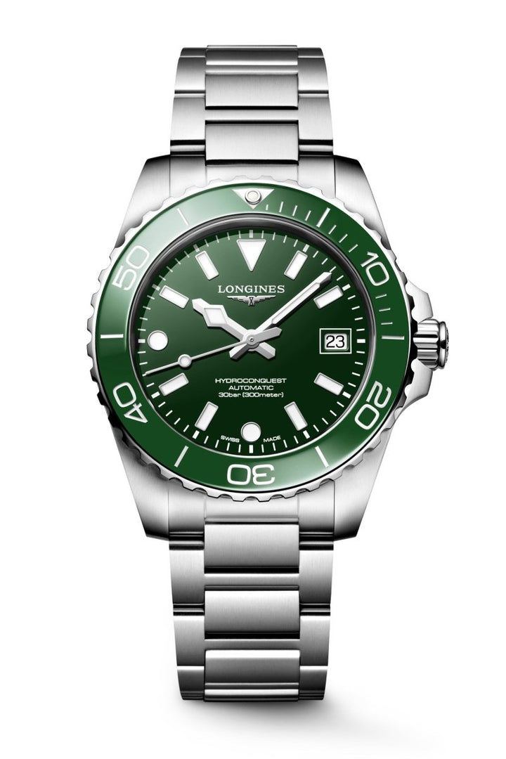 Longines HydroConquest 39mm with green dial, green ceramic bezel, stainless steel bracelet and luminous markers