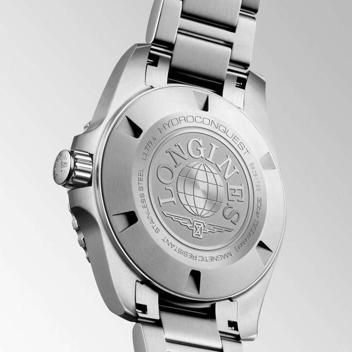 Elegant Longines HydroConquest sports watch with all-black dial and bezel on stainless steel bracelet