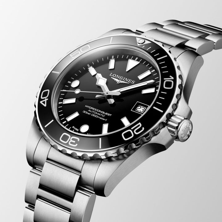 Longines HydroConquest 39mm dive watch with calibre L888.5 automatic movement, black ceramic bezel and 300m water resistance