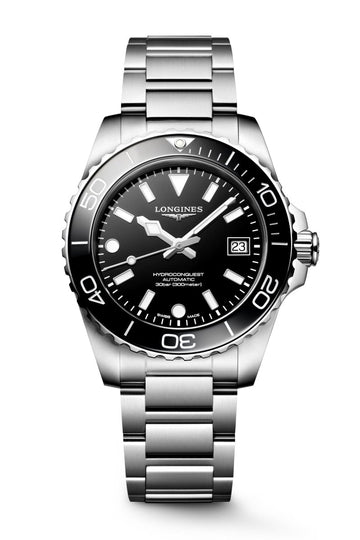 Longines HydroConquest 39mm with black dial, black ceramic bezel, stainless steel bracelet and luminous markers
