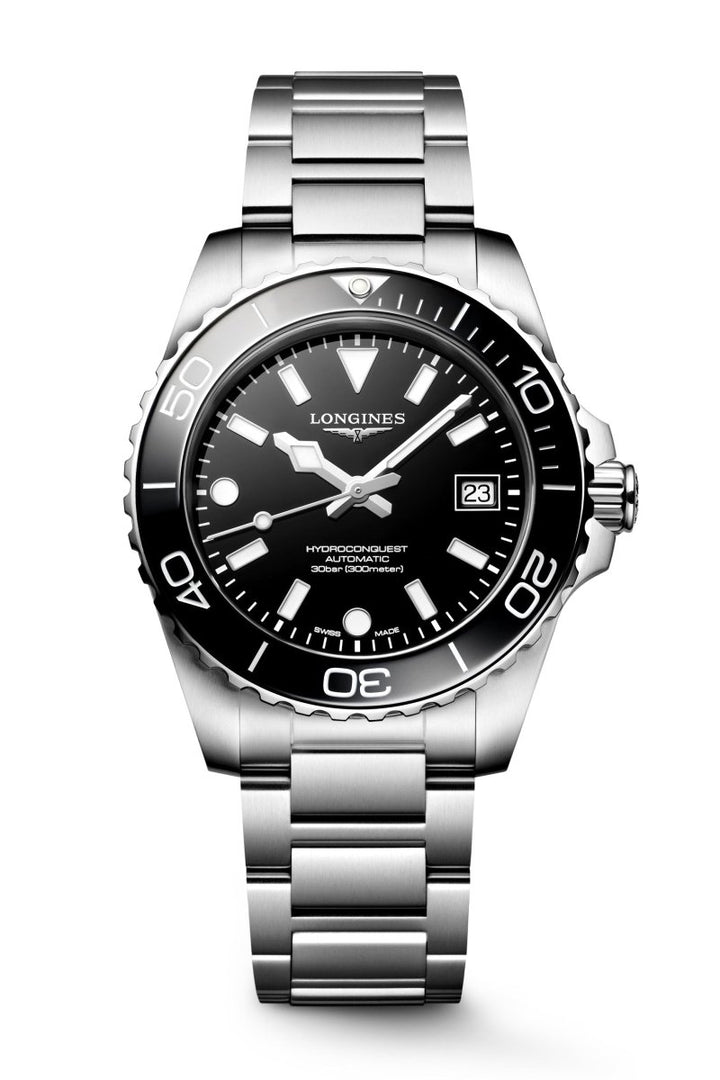 Longines HydroConquest 39mm with black dial, black ceramic bezel, stainless steel bracelet and luminous markers