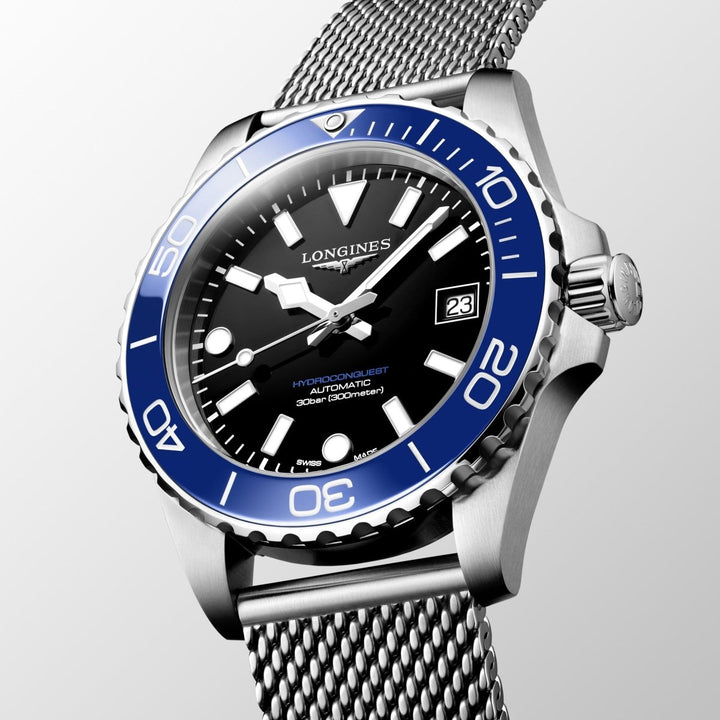 Elegant Longines HydroConquest sports watch with black dial and blue bezel, designed for both diving and everyday wear
