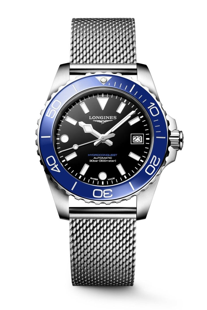 Longines HydroConquest 39mm with black dial, blue ceramic bezel, stainless steel Milanese mesh bracelet and luminous markers
