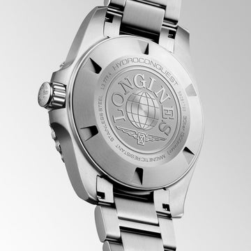 Luxury Longines HydroConquest sports watch with deep blue dial and matching bezel on stainless steel bracelet