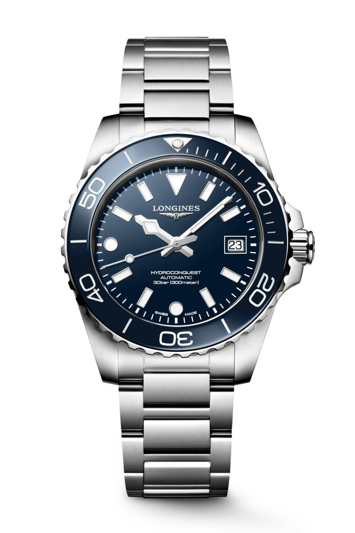 Longines HydroConquest 39mm with blue dial, blue ceramic bezel, stainless steel bracelet and luminous markers
