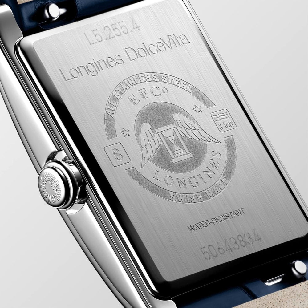 Longines DolceVita L5.255.4.70.2 displayed with silver textured dial and navy blue leather strap caseback