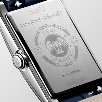 Longines DolceVita L5.255.4.70.2 displayed with silver textured dial and navy blue leather strap caseback