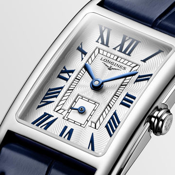 Luxury Longines DolceVita ladies’ watch featuring a rectangular stainless steel case and sapphire crystal