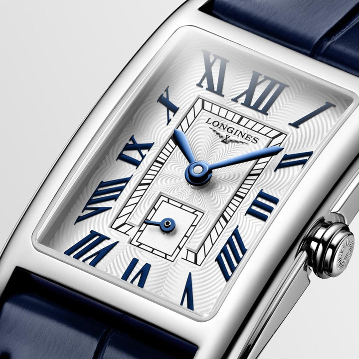Luxury Longines DolceVita ladies’ watch featuring a rectangular stainless steel case and sapphire crystal