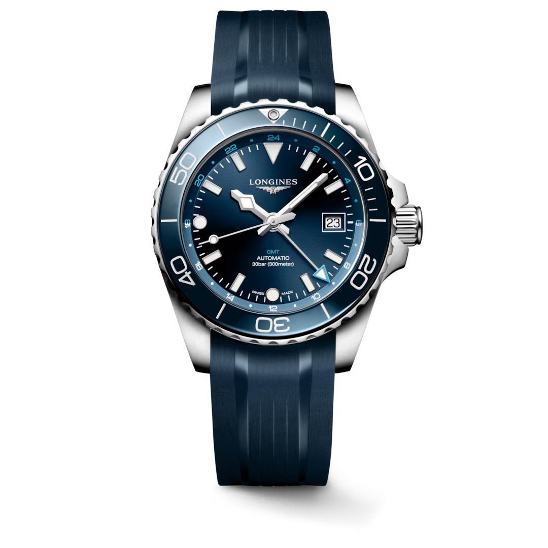 Longines HydroConquest GMT 41mm watch with sunray blue dial and rubber strap. Deacons