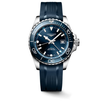 Longines HydroConquest GMT 41mm watch with sunray blue dial and rubber strap. Deacons