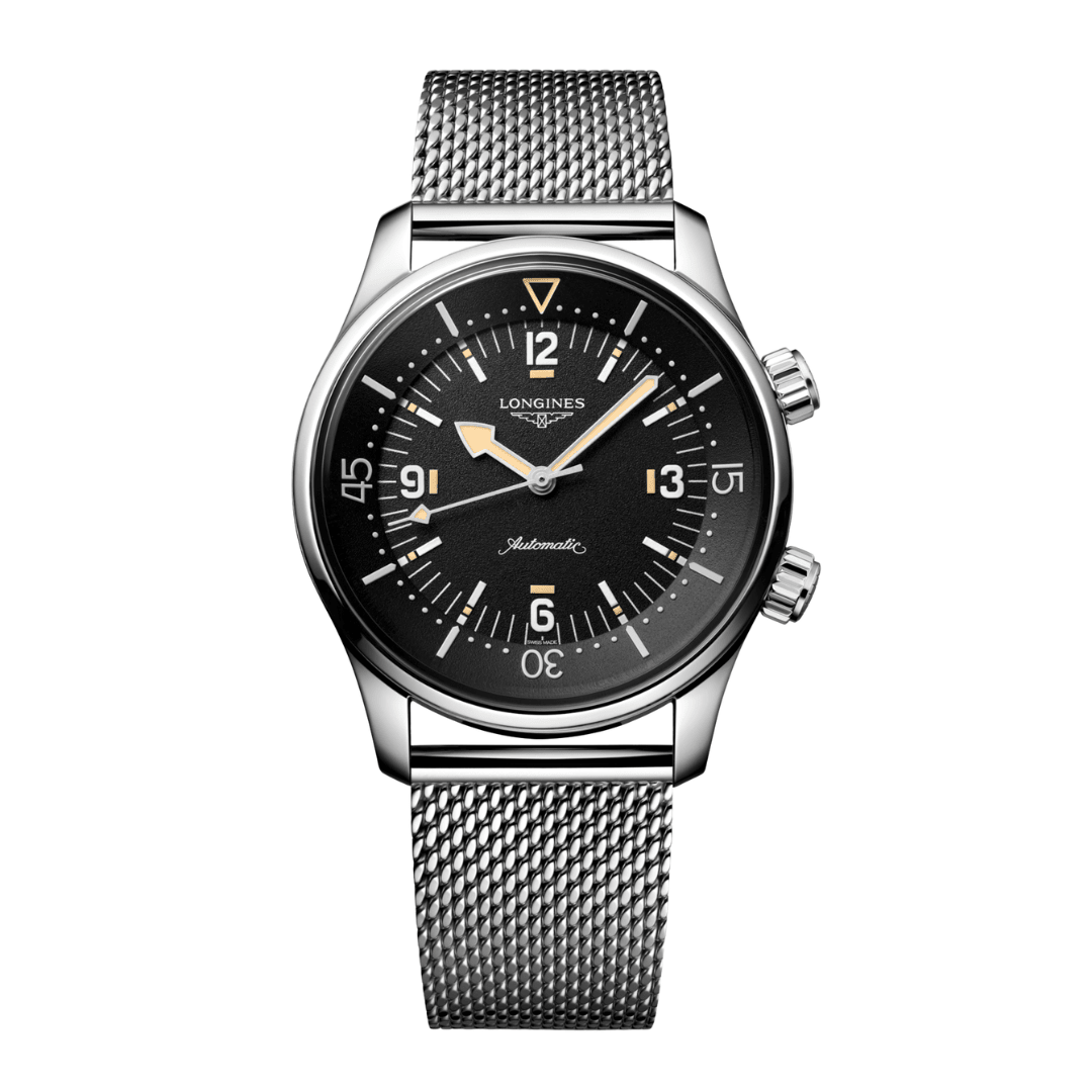 Longines Legend Diver 42mm stainless steel luxury dive watch with black grained dial, twin crowns, internal rotating bezel, sapphire crystal, and stainless steel bracelet.