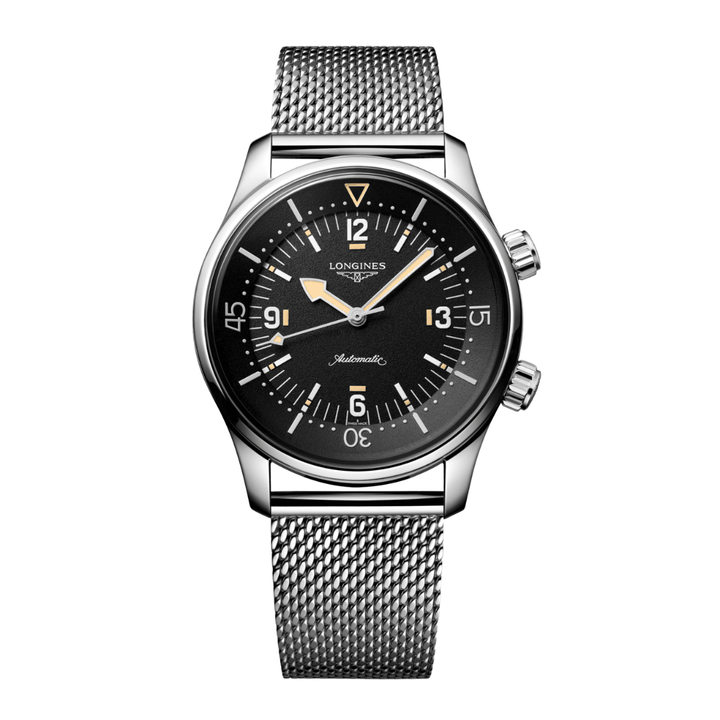 Longines Legend Diver 42mm stainless steel luxury dive watch with black grained dial, twin crowns, internal rotating bezel, sapphire crystal, and stainless steel bracelet.