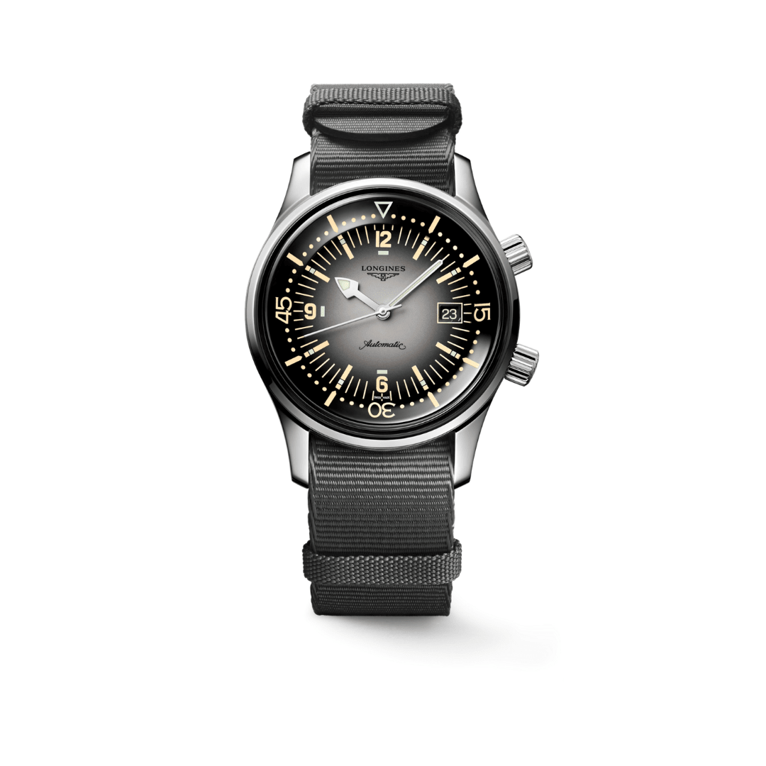 Longines Legend Diver on grey nylon strap with matched gradient grey dial. front facing shot. Automatic watch.