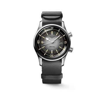 Longines Legend Diver on grey nylon strap with matched gradient grey dial. front facing shot. Automatic watch.