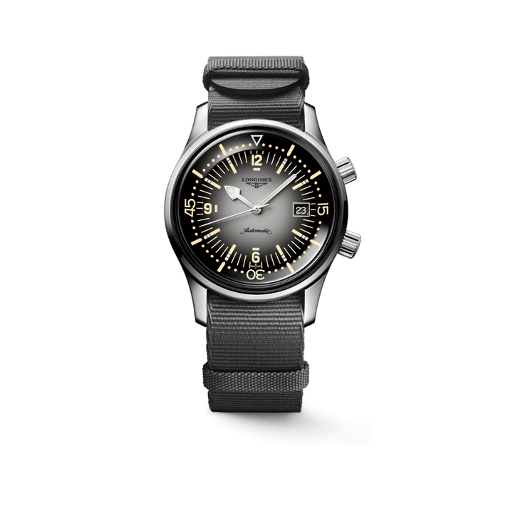 Longines Legend Diver on grey nylon strap with matched gradient grey dial. front facing shot. Automatic watch.