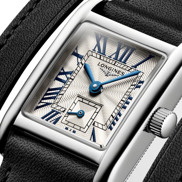 Close‑up of Longines Mini DolceVita L5.200.4.71.0 rectangular case and dial texture
