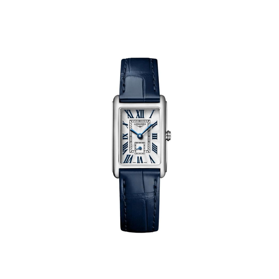 Longines DolceVita L5.255.4.70.2 ladies’ stainless steel watch with silver dial and blue leather strap