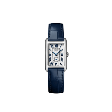 Longines DolceVita L5.255.4.70.2 ladies’ stainless steel watch with silver dial and blue leather strap