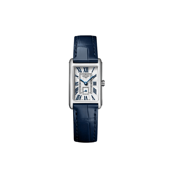 Longines DolceVita L5.255.4.70.2 ladies’ stainless steel watch with silver dial and blue leather strap