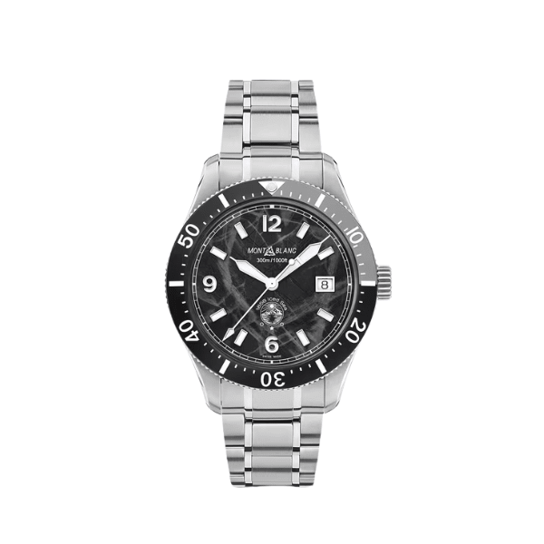 Montblanc Iced Sea Automatic Date MB129371 black glacier-pattern dial with luminescent Arabic numerals