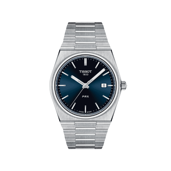 Stock Shot of Tissot PRX blue sunbust Dial, Swiss Quartz movement 
