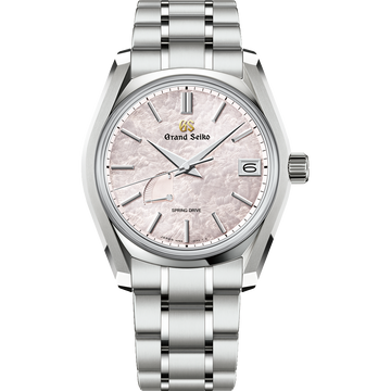 Grand Seiko SBGA413G Shunbun Spring Drive watch with pink textured cherry blossom dial and titanium bracelet