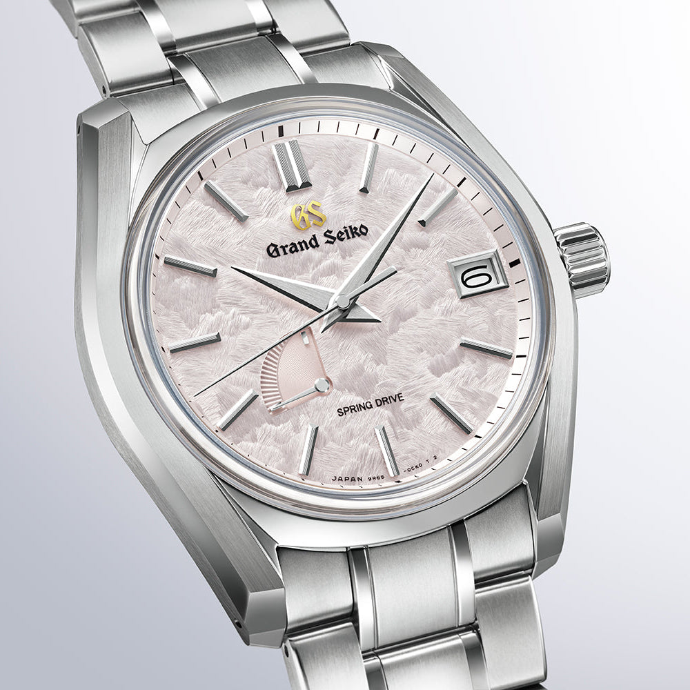 Grand Seiko SBGA413G Spring Drive watch with pink dial, date display and power reserve indicator