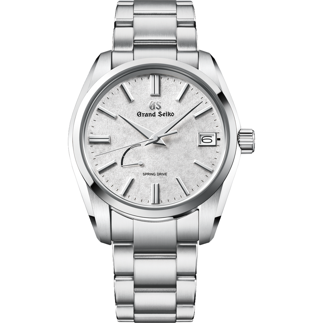 Grand Seiko Heritage SBGA465G with frost-inspired silver-white textured dial and stainless steel bracelet