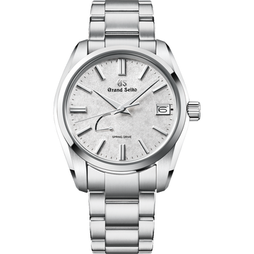 Grand Seiko Heritage SBGA465G with frost-inspired silver-white textured dial and stainless steel bracelet
