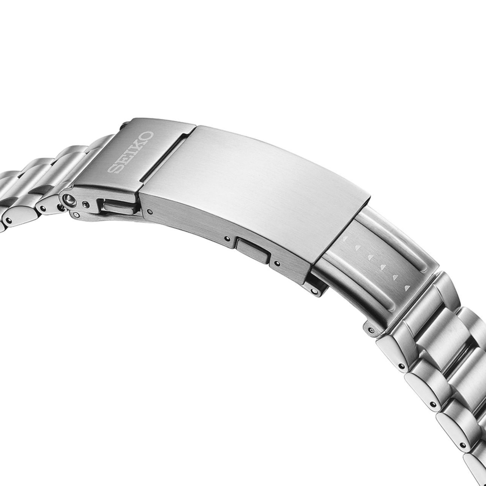 Three-fold clasp with secure lock, push-button release and solid slide adjuster on Seiko Prospex HBC002J1 stainless steel bracelet