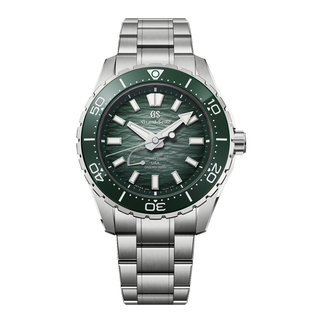 Grand Seiko SLGB025G Ushio 300 diver's watch with green textured dial and titanium bracelet