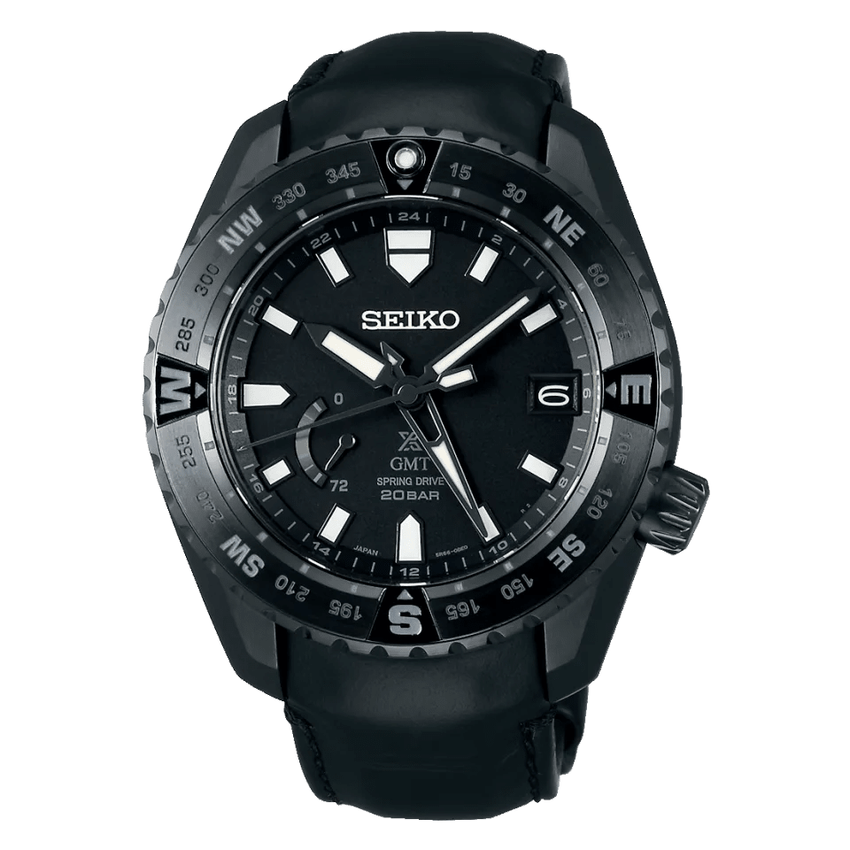 SEIKO Prospex LX SNR027J1 Spring Drive GMT watch with black dial, black titanium case and black leather strap.