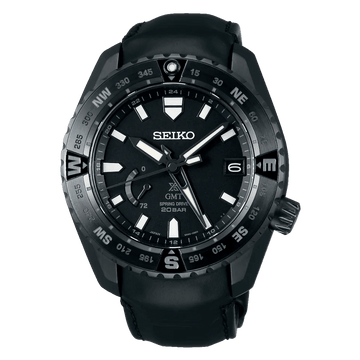 SEIKO Prospex LX SNR027J1 Spring Drive GMT watch with black dial, black titanium case and black leather strap.