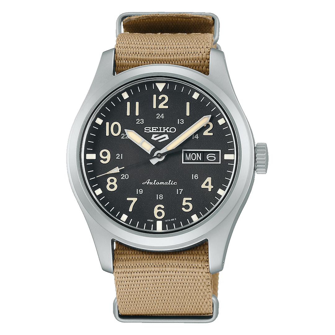 Seiko 5 Sports Field SRPG35K1 with black dial and beige nylon strap