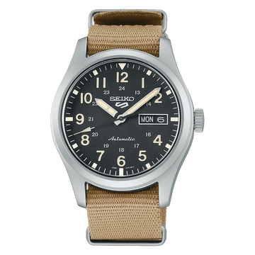 Seiko 5 Sports Field SRPG35K1 with black dial and beige nylon strap