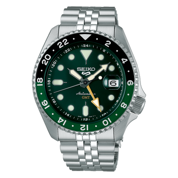 Seiko 5 Sports SSK035K1 GMT watch with black dial and stainless steel bracelet