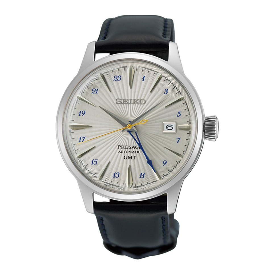 Seiko Presage Cocktail Time Silver Bullet dress watch with pressed pattern silver dial, blue GMT hand and brown leather strap