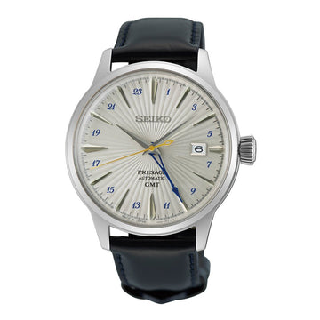 Seiko Presage Cocktail Time Silver Bullet dress watch with pressed pattern silver dial, blue GMT hand and brown leather strap