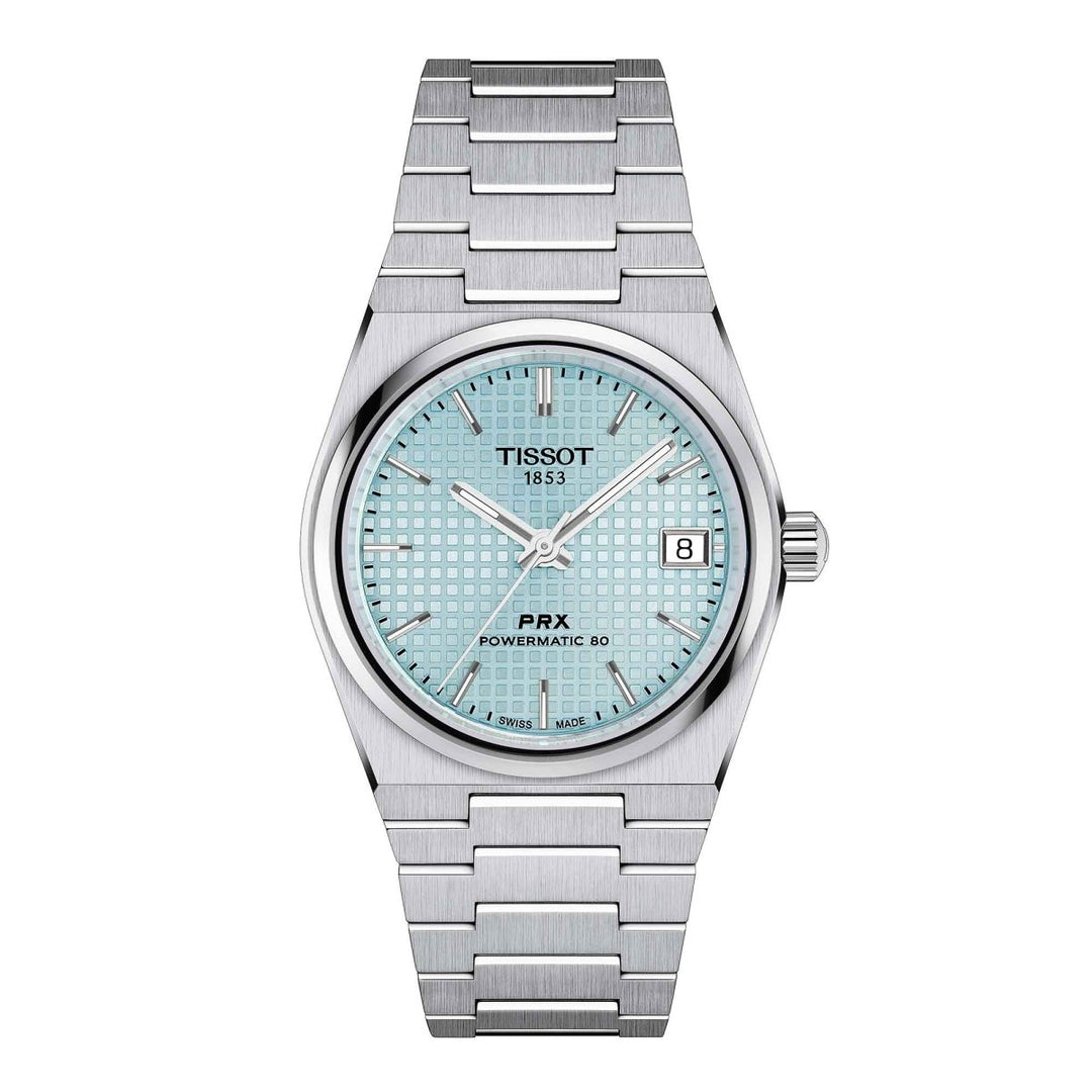 Waffle ice blue dial PRX Powermatic 35mm watch on a brushed stainless steel bracelet. 