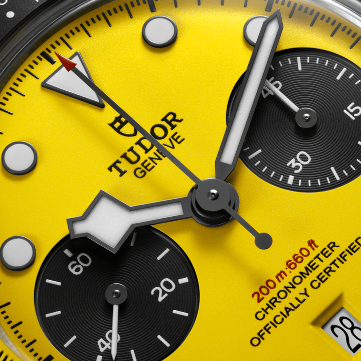 Close-up of Black Bay Chrono 39 Bumblebee yellow dial and black sub-counters
