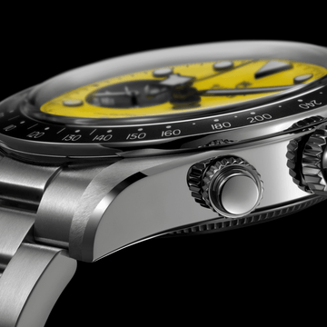 TUDOR shield engraved crown detail on Black Bay Chrono 39 Bumblebee