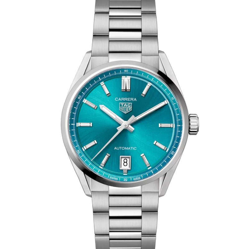 TAG Heuer Carrera Date automatic watch WBN2316.BA0001 with turquoise blue snailed dial and stainless steel bracelet