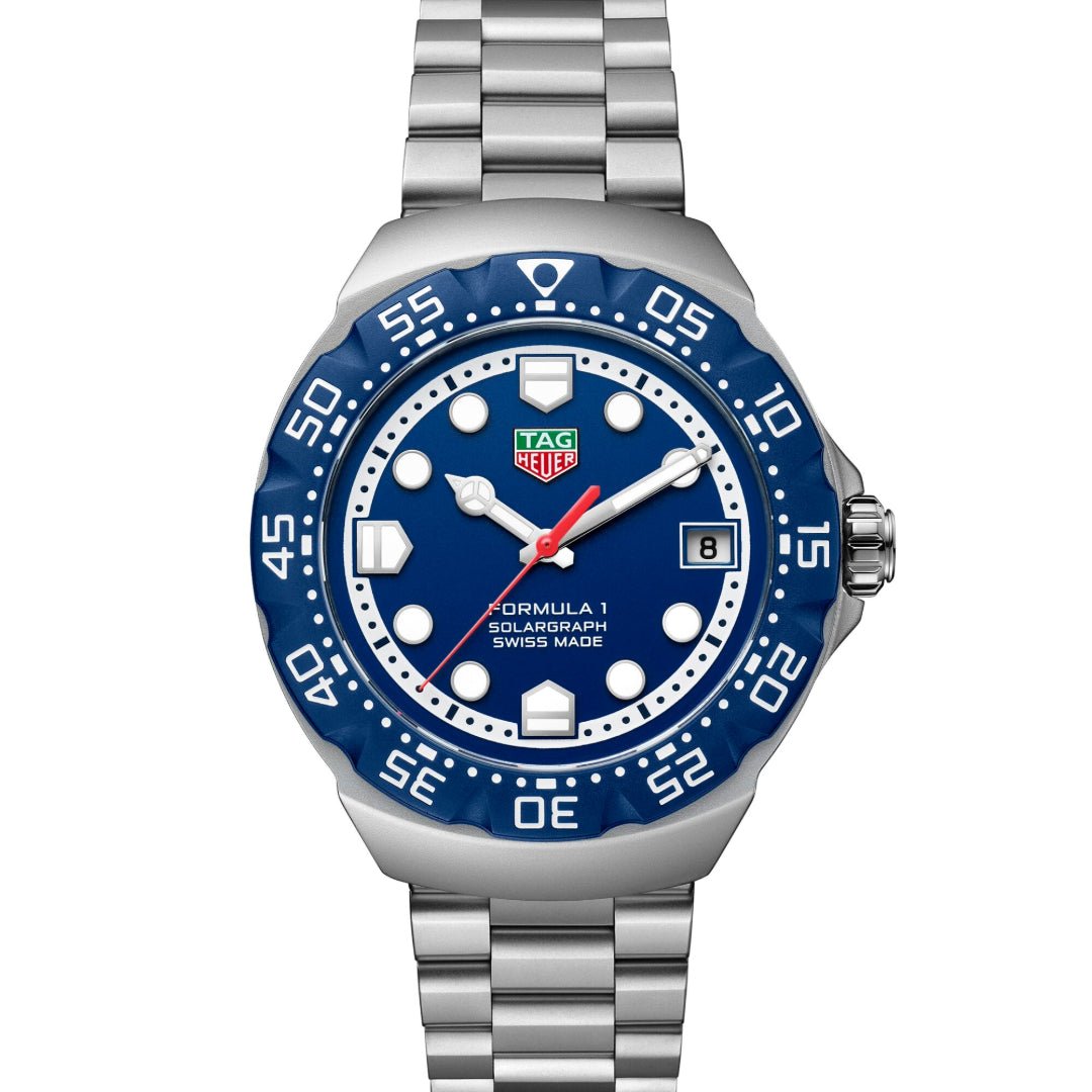 TAG Heuer Formula 1 Solargraph men’s watch WBY1112.BA0042 with blue bezel, blue dial and date window.